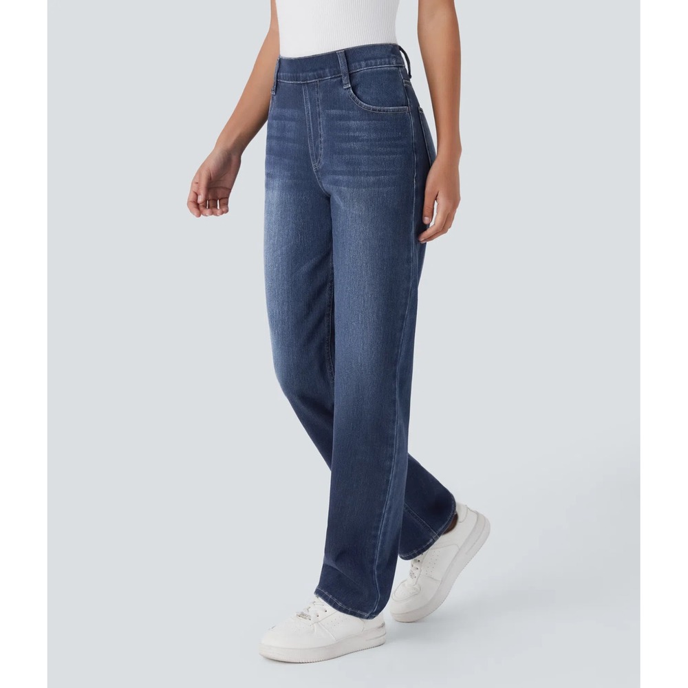 Halara Flex High Waisted Straight Leg Jeans Blue L XTall Pull On Denim